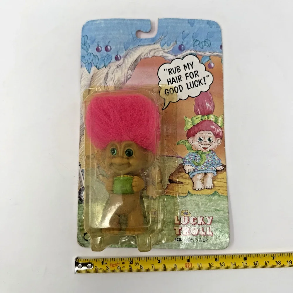 Sealed Vintage 90s Lucky Troll Pink Hair Blue Eyes Holding a Pot of Gold